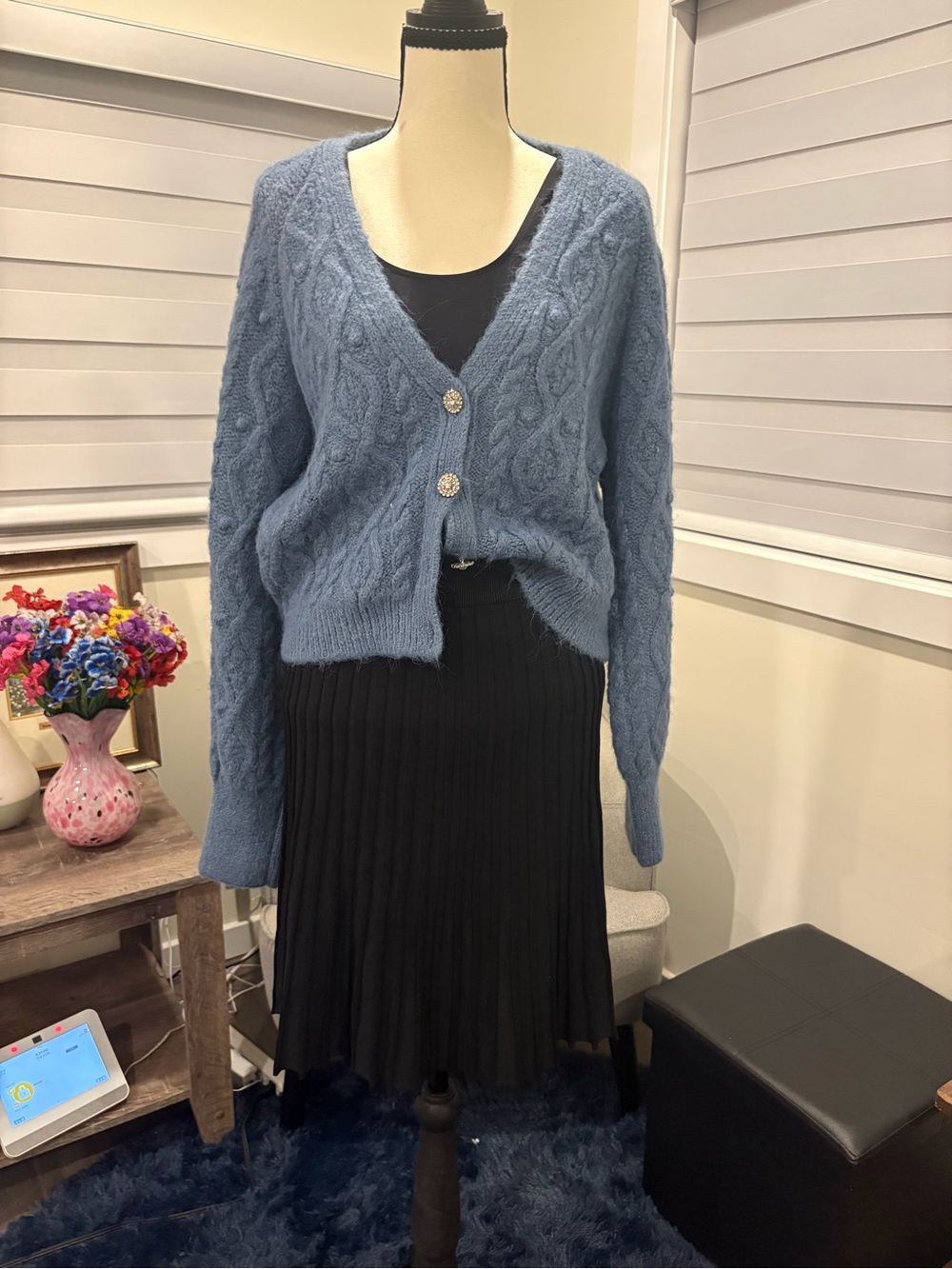 Zara Blue Cable Knit Cardigan with Jewel Buttons - Size Large